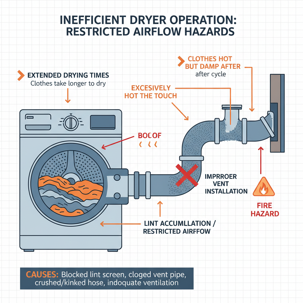 Inefficient Dryer Operation & Associated Hazards from Restricted Airflow (Troubleshooting & Fixes) visual diagram