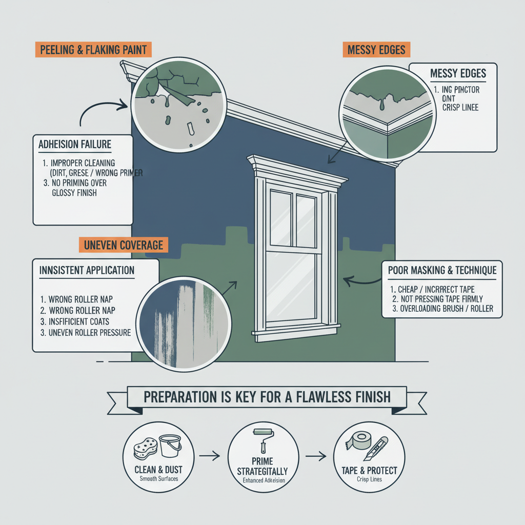 Achieving a flawless, professional-looking interior paint finish, covering essential preparation steps for paint adhesion, smooth surfaces, crisp lines, and preventing issues like peeling, uneven coverage, and messy edges. Troubleshooting & Fixes (2024 Guide) visual diagram