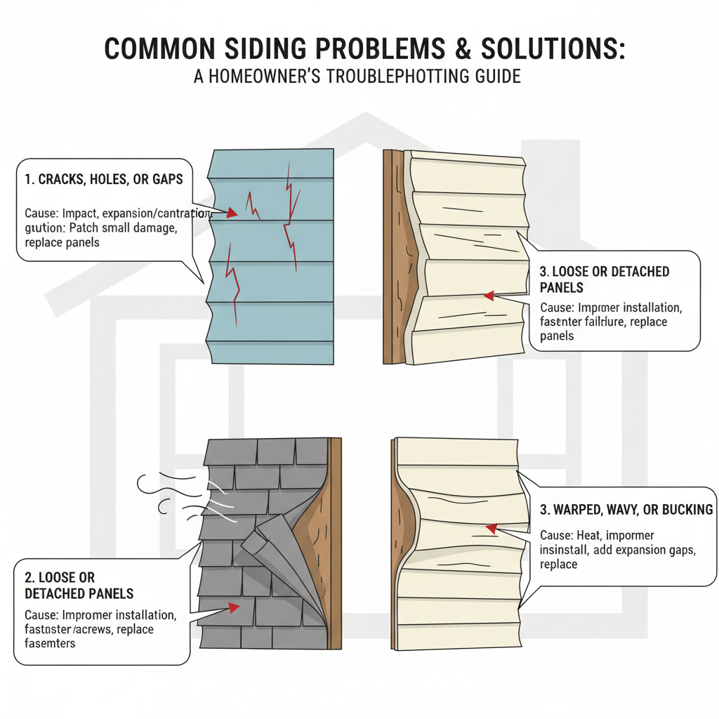 Common Siding Problems & Solutions: A Homeowner's Troubleshooting Guide covering various types of siding damage, their causes, and repair options. Troubleshooting & Fixes (2024 Guide) visual diagram