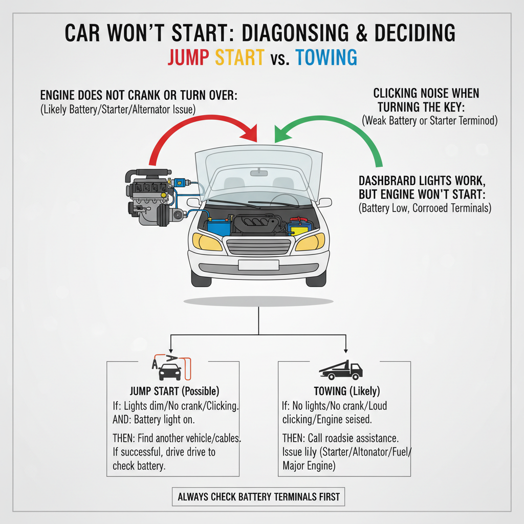 Car Won't Start: Diagnosing the Issue and Deciding Between a Jump Start and Towing Troubleshooting & Fixes (2024 Guide) visual diagram