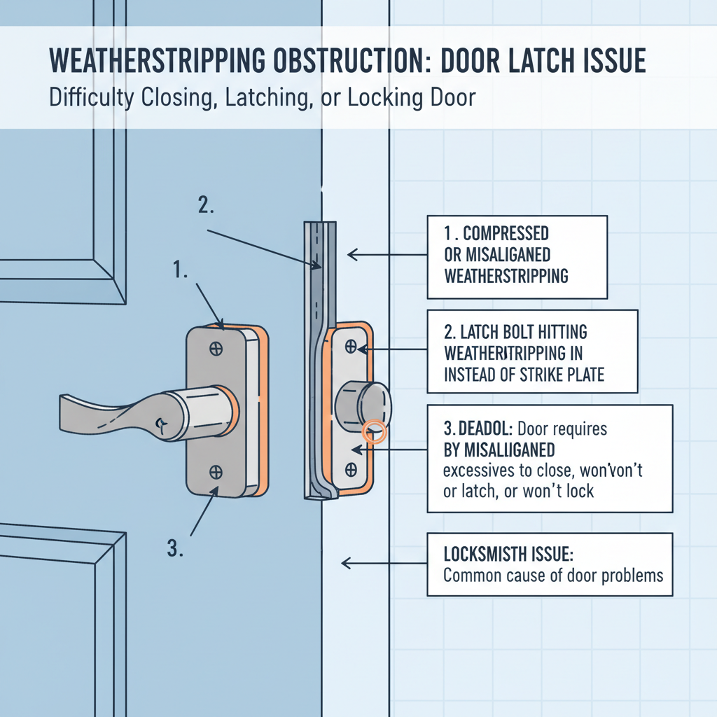 Weatherstripping obstructing door latch or deadbolt engagement, leading to difficulty in closing, latching, or locking an exterior or interior door, or requiring excessive force to do so. Troubleshooting & Fixes visual diagram