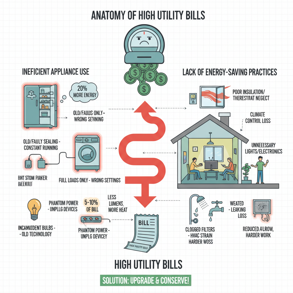 High utility bills due to inefficient appliance use and lack of energy-saving practices. Troubleshooting & Fixes visual diagram