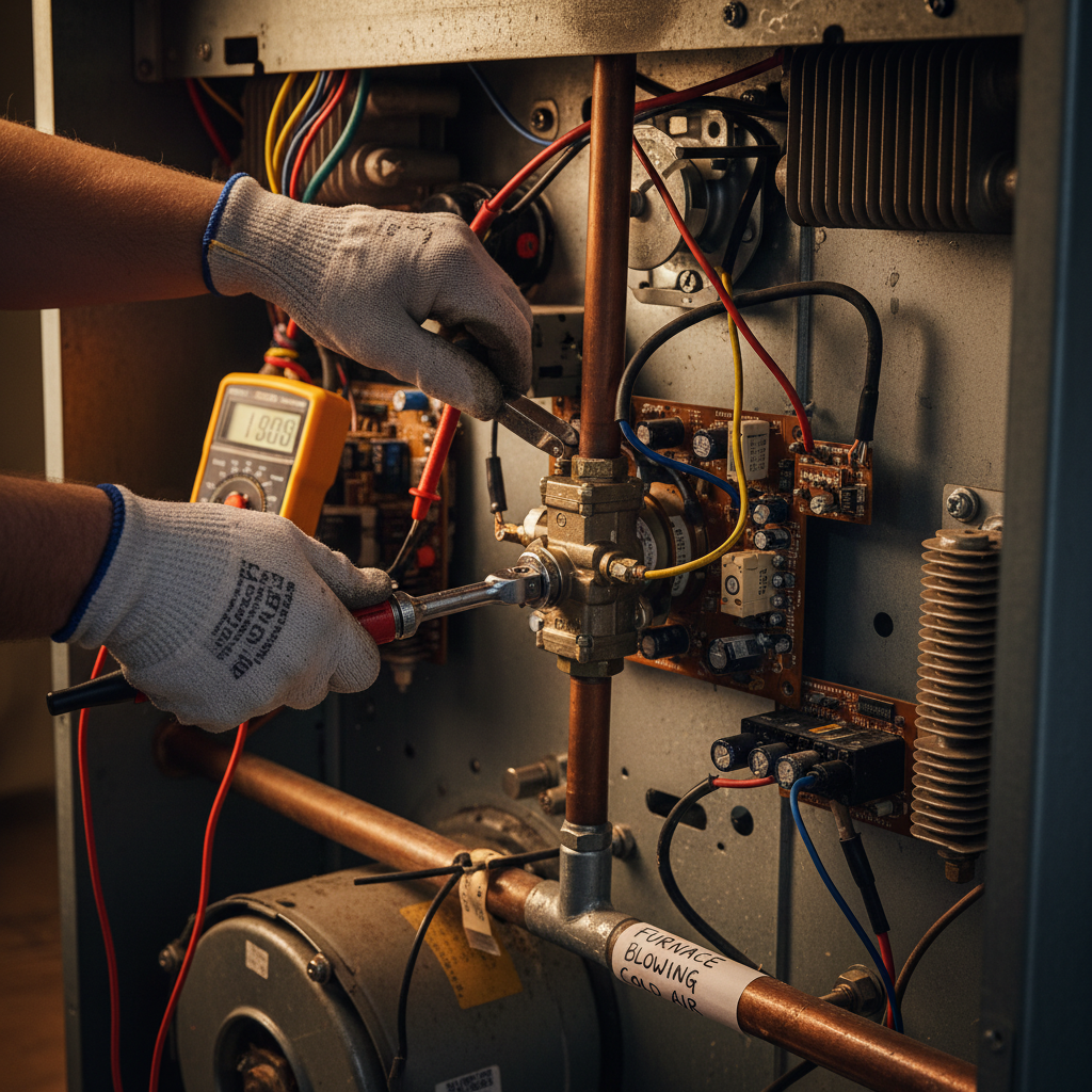 Furnace Blowing Cold Air: The furnace fan is running, but the air coming out of the vents is not heated or is not hot enough, leading to inadequate home heating. Troubleshooting & Fixes (2024 Guide) professional repair detail