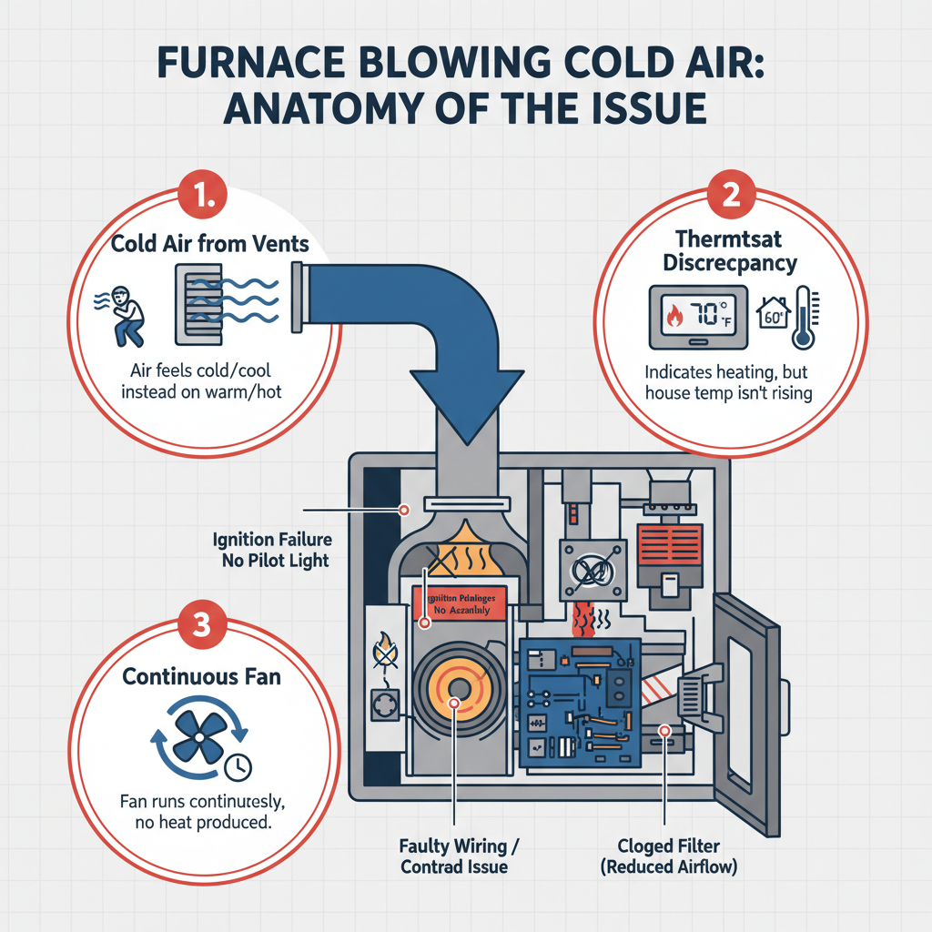 Furnace Blowing Cold Air: The furnace fan is running, but the air coming out of the vents is not heated or is not hot enough, leading to inadequate home heating. Troubleshooting & Fixes (2024 Guide) visual diagram