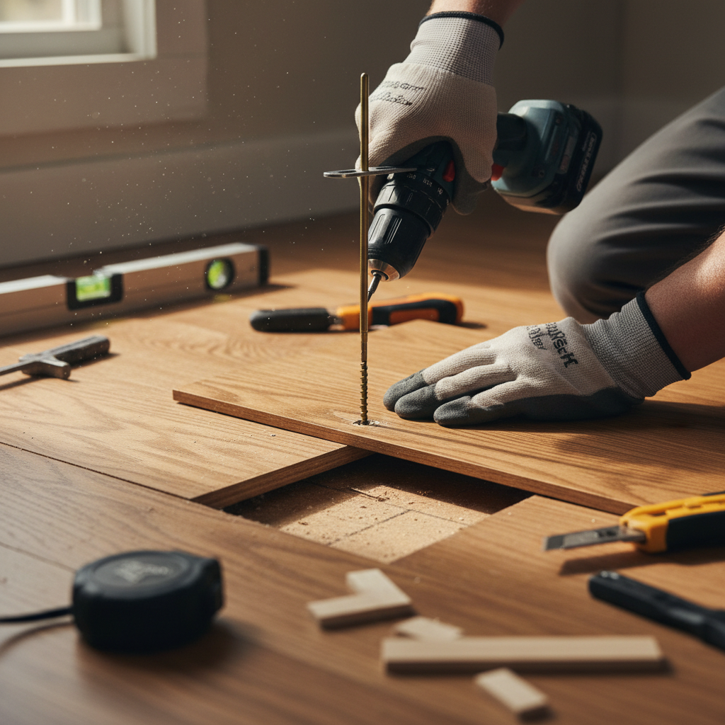 Squeaky hardwood floors and subfloors, specifically addressing creaking, popping, and groaning noises caused by movement between floor components. Troubleshooting & Fixes professional repair detail