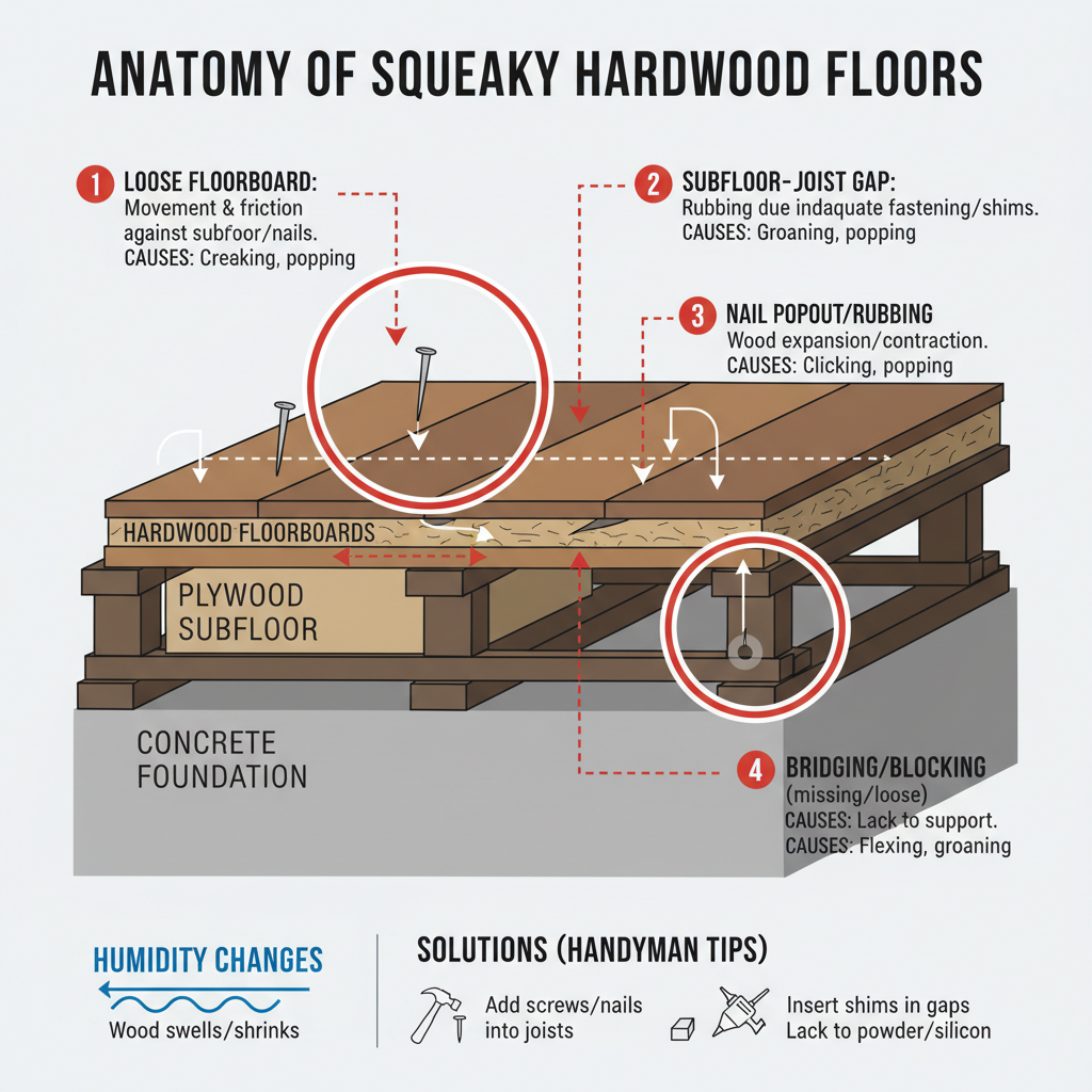 Squeaky hardwood floors and subfloors, specifically addressing creaking, popping, and groaning noises caused by movement between floor components. Troubleshooting & Fixes visual diagram