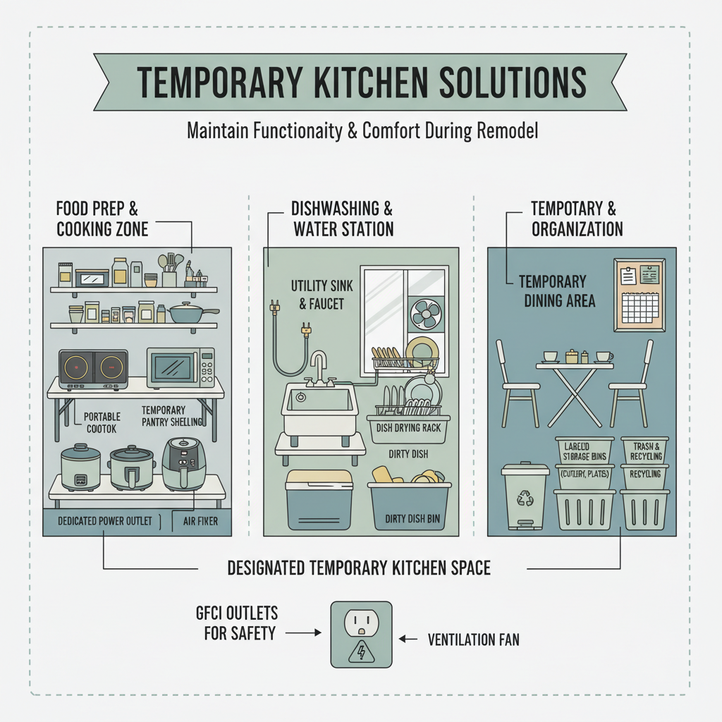 Temporary Kitchen Solutions During a Kitchen Remodel: Strategies and Setups for Homeowners to Maintain Functionality and Comfort While Their Primary Kitchen is Under Construction. Troubleshooting & Fixes visual diagram