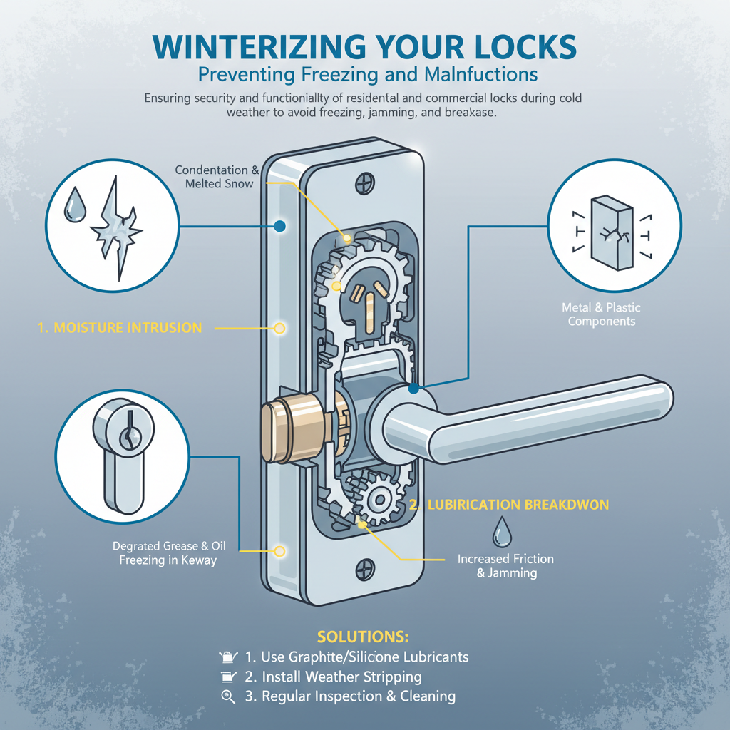 Winterizing Your Locks: Preventing Freezing and Malfunctions - Ensuring security and functionality of residential and commercial locks during cold weather to avoid freezing, jamming, and breakage. Troubleshooting & Fixes visual diagram