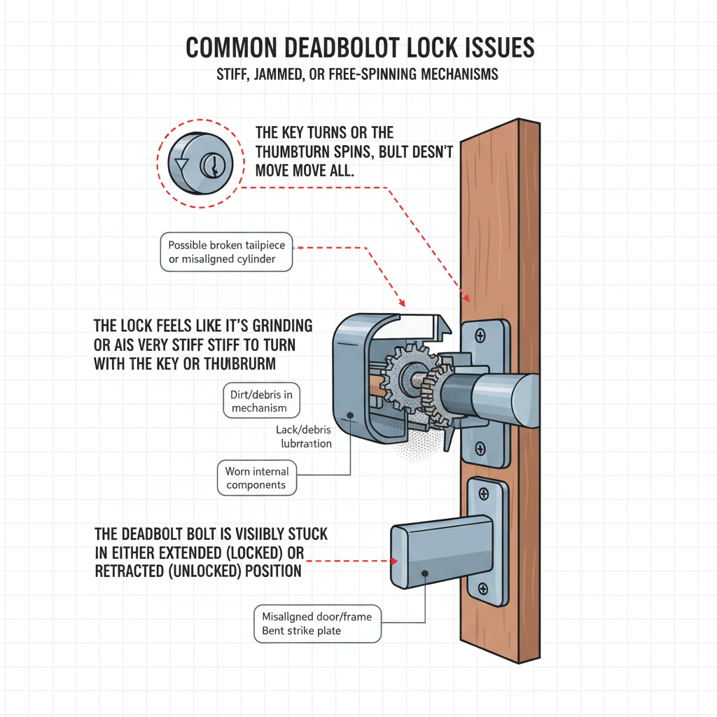 Deadbolt mechanism is stuck, preventing the lock from turning, engaging, or disengaging, compromising security. This includes issues like a deadbolt that is stiff, jammed, or spinning freely without operation. Troubleshooting & Fixes (2024 Guide) visual diagram