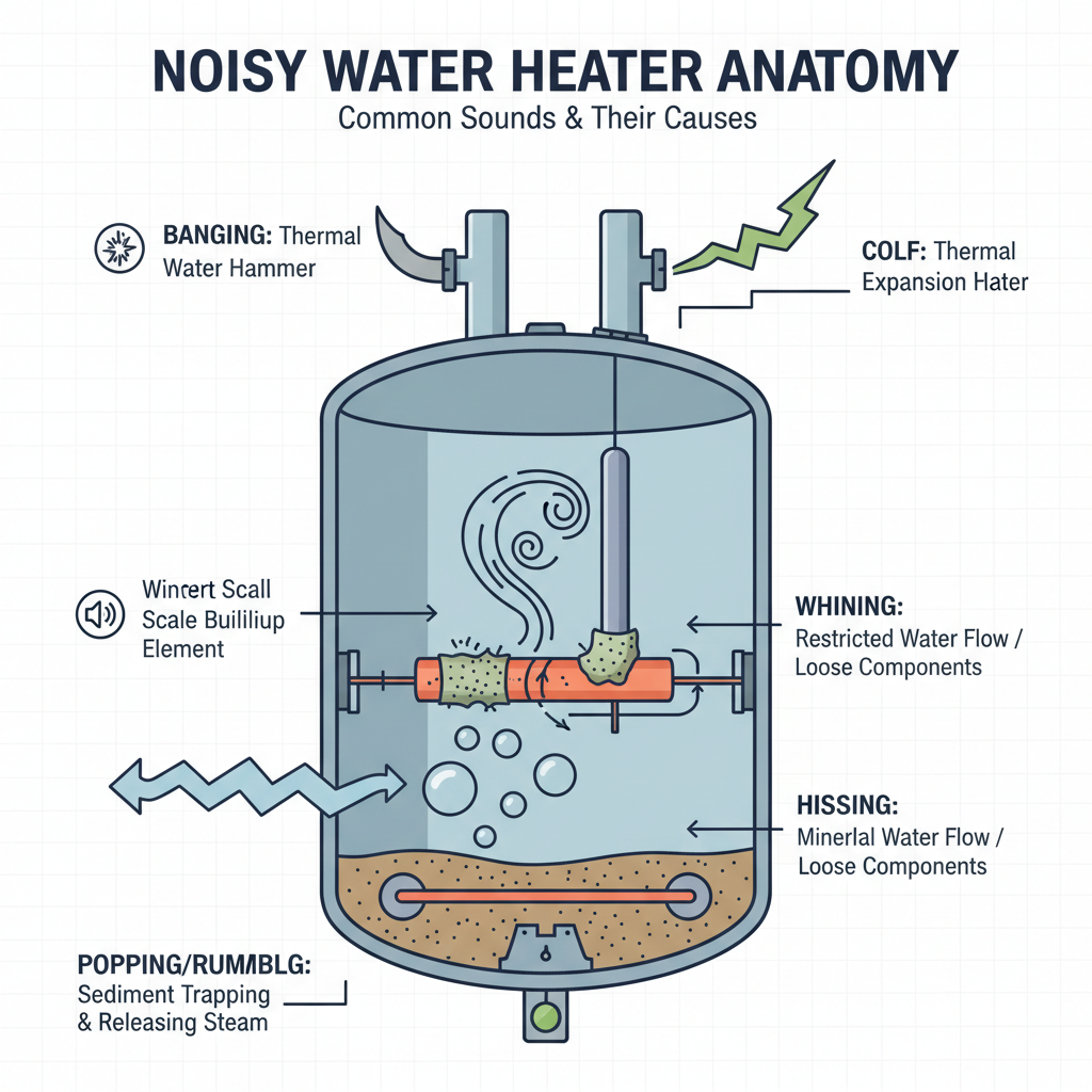 Noisy Water Heater (Popping, rumbling, hissing, whining, banging sounds) Troubleshooting & Fixes visual diagram
