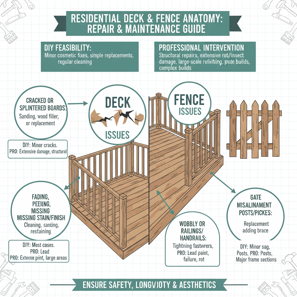 Repair and maintenance of residential decks and fences, addressing common issues, determining DIY feasibility, and identifying when professional intervention is necessary to ensure safety, longevity, and aesthetics. Troubleshooting & Fixes (2024 Guide) visual diagram