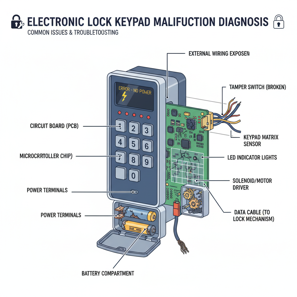 Keyless entry pad / Electronic lock keypad unresponsive or malfunctioning (no power, incorrect code not recognized, flashing lights) Troubleshooting & Fixes visual diagram