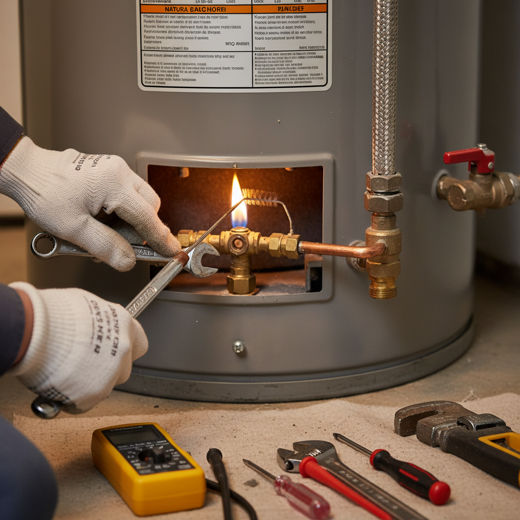 How to safely light or relight a pilot light on a natural gas or propane residential water heater, and troubleshoot common issues preventing it from staying lit, primarily focusing on loss of hot water due to an extinguished pilot. Troubleshooting & Fixes professional repair detail