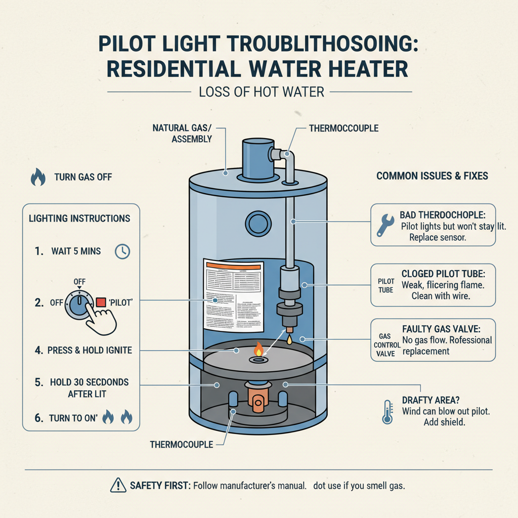 How to safely light or relight a pilot light on a natural gas or propane residential water heater, and troubleshoot common issues preventing it from staying lit, primarily focusing on loss of hot water due to an extinguished pilot. Troubleshooting & Fixes visual diagram