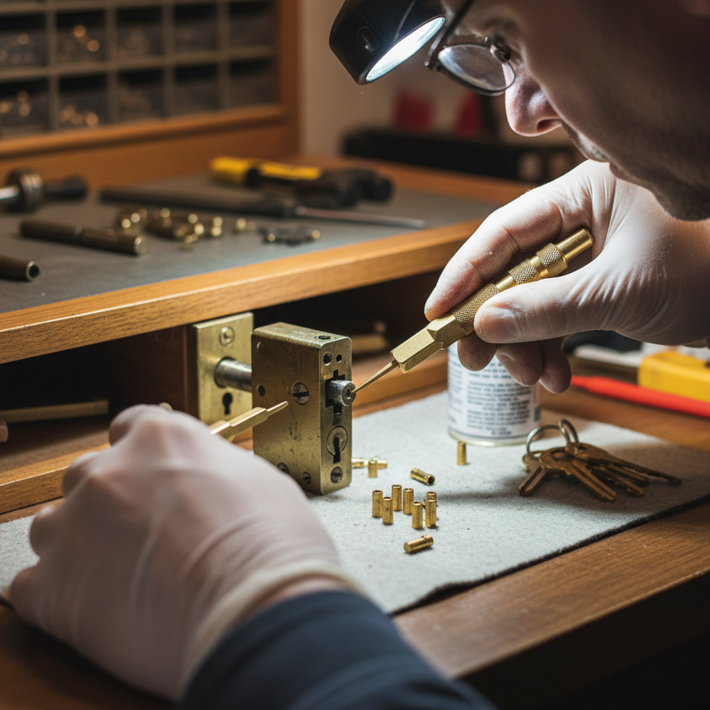 Cabinet and desk drawer lock rekeying or replacement due to lost keys, security concerns, or lock malfunction. Troubleshooting & Fixes professional repair detail