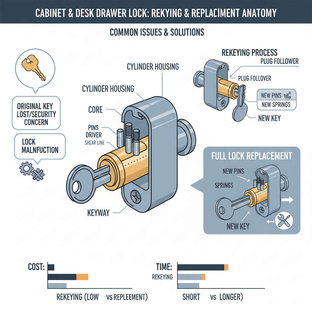Cabinet and desk drawer lock rekeying or replacement due to lost keys, security concerns, or lock malfunction. Troubleshooting & Fixes visual diagram