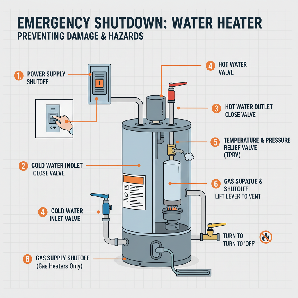 Safely and effectively shutting down a water heater during an emergency or for maintenance to prevent further damage or hazards. Troubleshooting & Fixes visual diagram