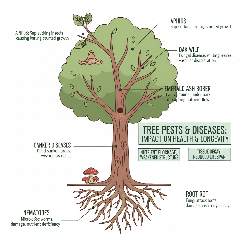 Identifying common tree pests and diseases and their impact on tree health and longevity. Troubleshooting & Fixes visual diagram