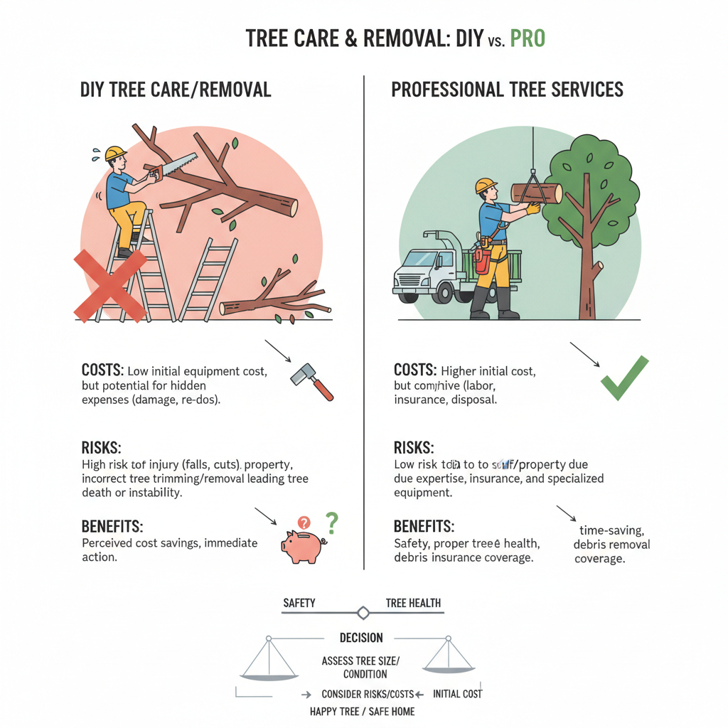 Deciding between DIY tree care/removal and hiring professional tree services, considering costs, risks, and benefits. Troubleshooting & Fixes visual diagram