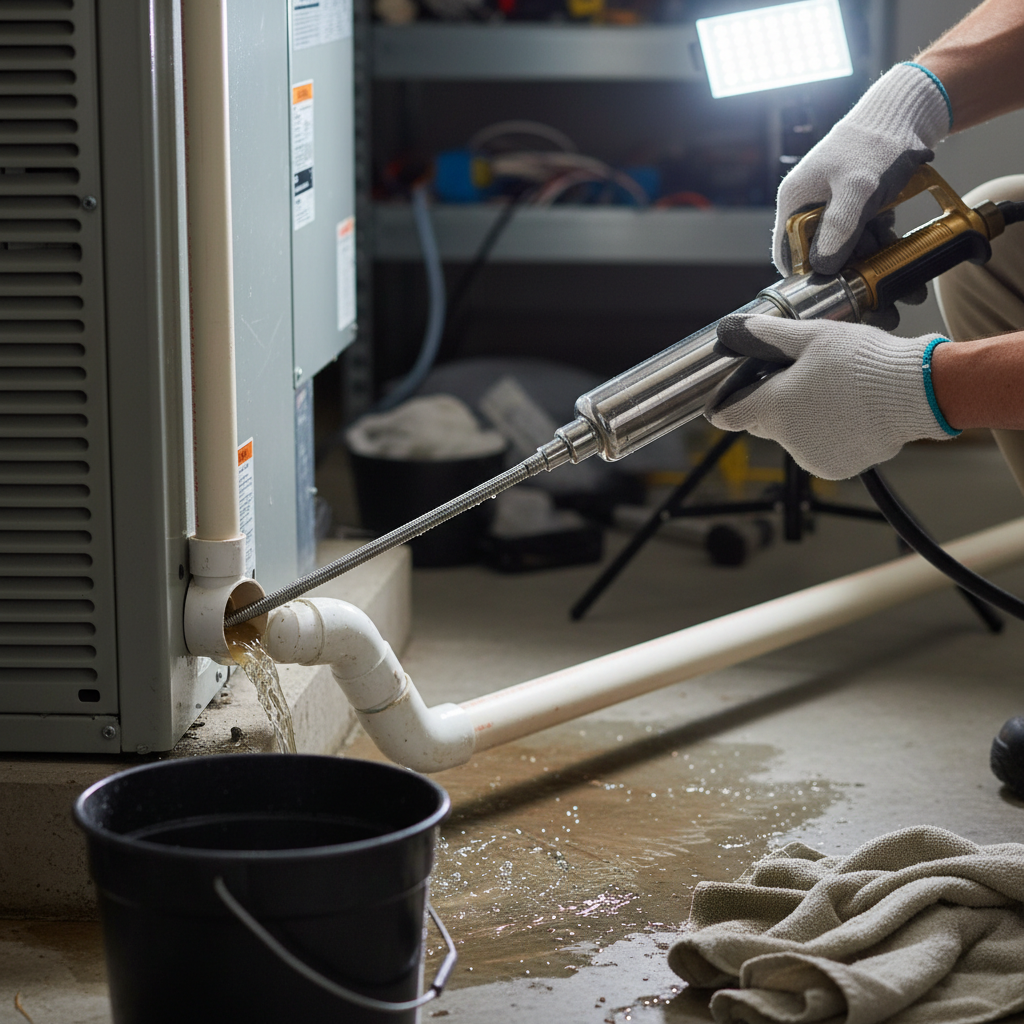 Clogged HVAC condensate drain line, leading to water backup and potential system shutdown or water damage. Troubleshooting & Fixes professional repair detail