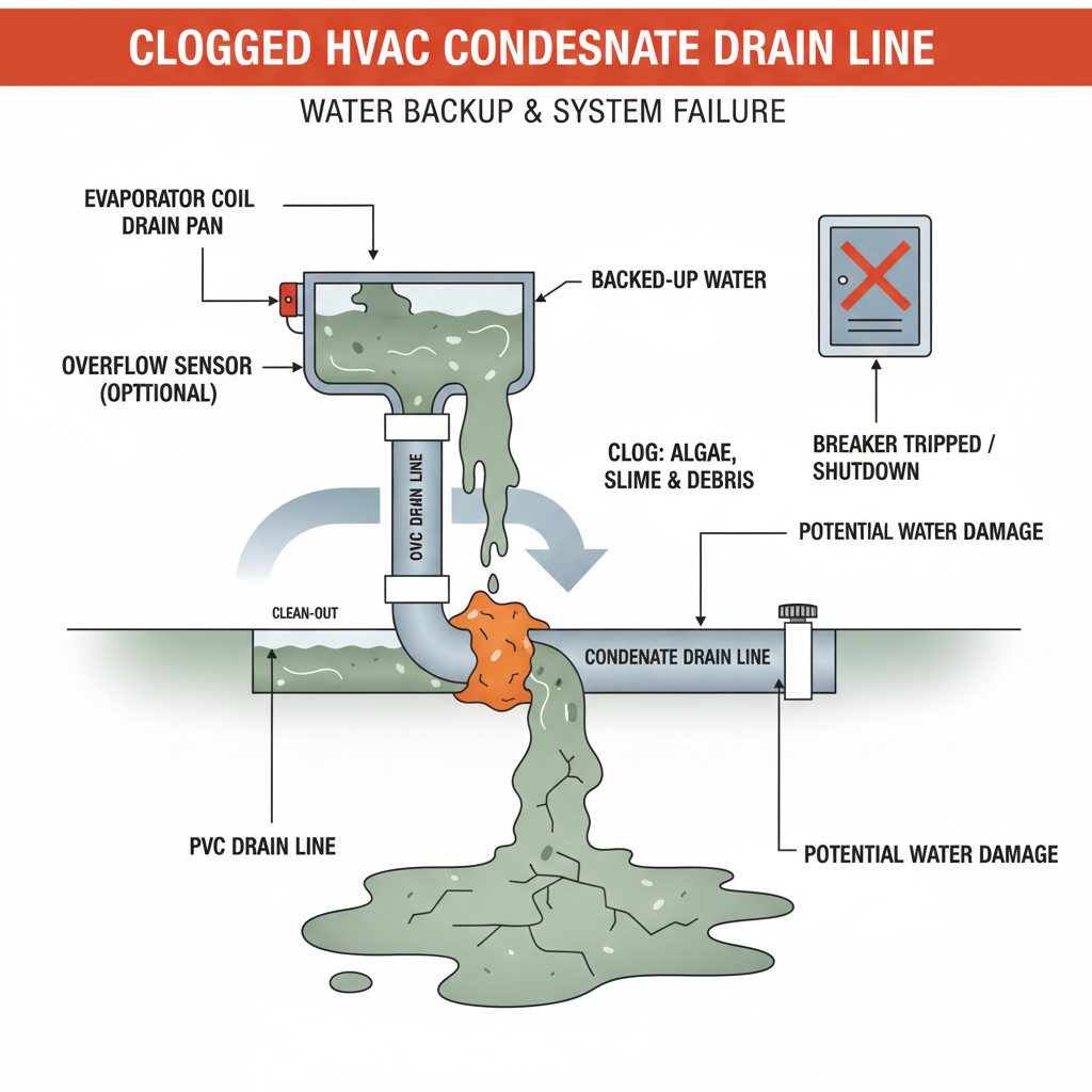 Clogged HVAC condensate drain line, leading to water backup and potential system shutdown or water damage. Troubleshooting & Fixes visual diagram