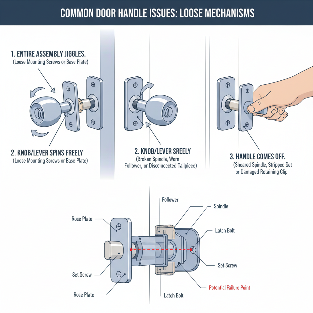 Loose or wobbly door handles and knobs, specifically addressing issues with internal mechanisms or mounting. Troubleshooting & Fixes (2024 Guide) visual diagram