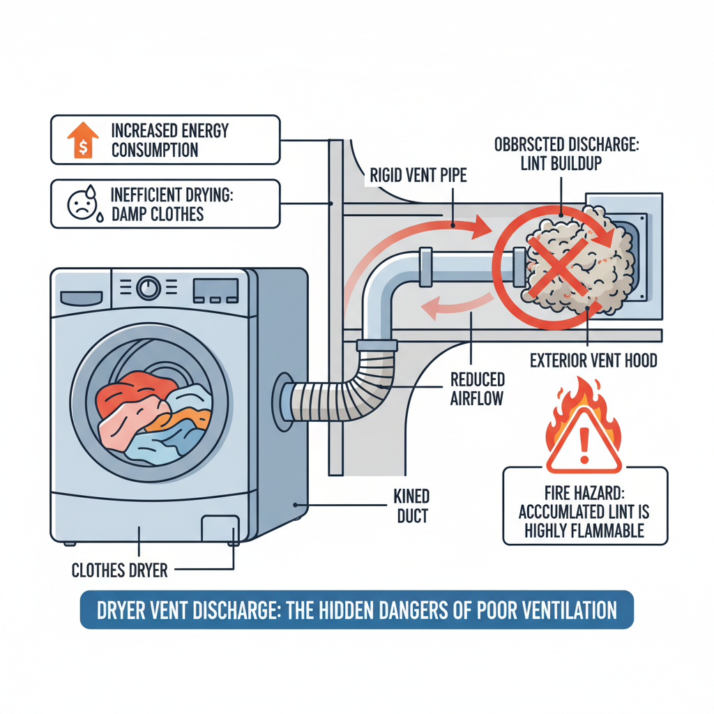 Dryer vent discharge not working effectively, leading to inefficient drying, increased energy consumption, and potential fire hazards. Troubleshooting & Fixes visual diagram