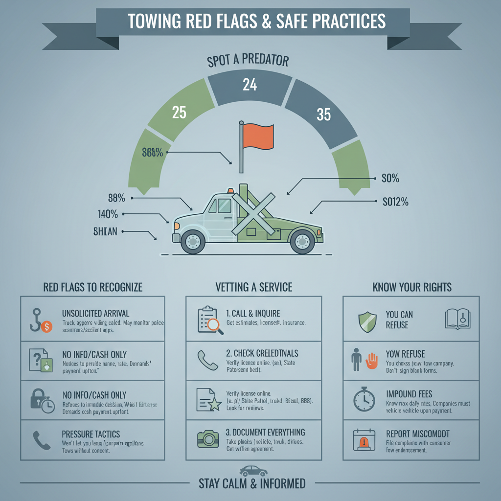 Avoiding disreputable or predatory towing companies by recognizing red flags and knowing how to vet a service provider during a stressful vehicle breakdown or accident. Troubleshooting & Fixes visual diagram