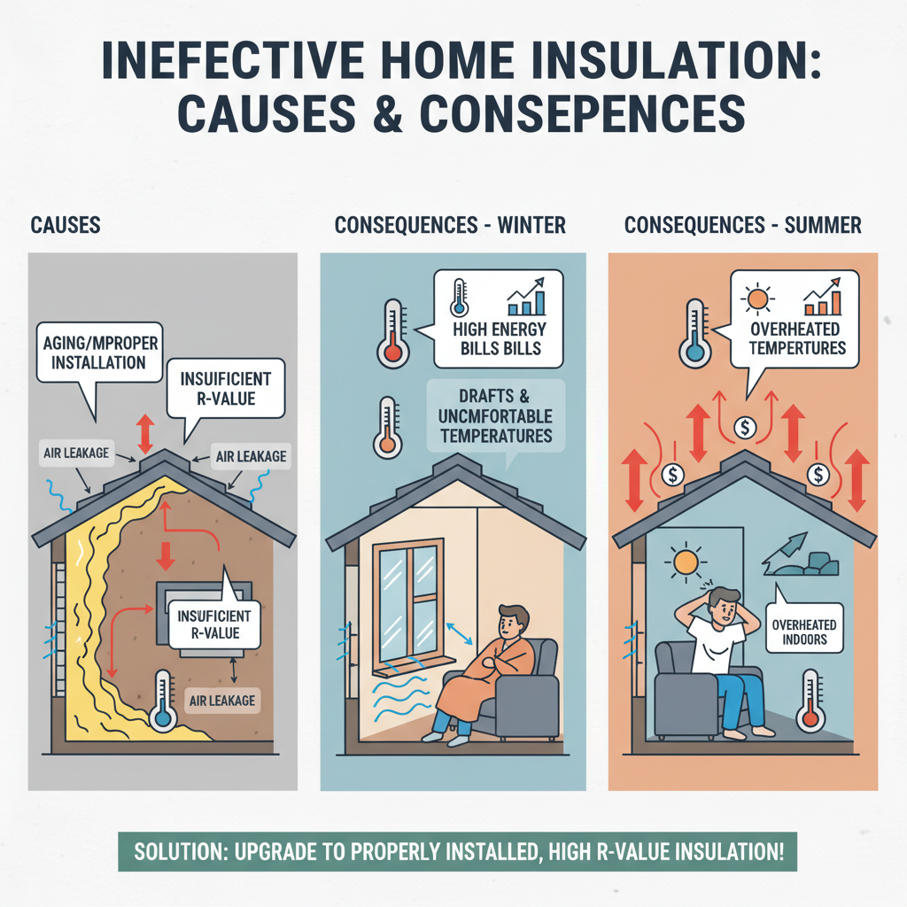 Ineffective or insufficient home insulation leading to high energy bills, drafts, and uncomfortable indoor temperatures, often due to aging, improper installation, or inadequate R-value for the climate. Troubleshooting & Fixes visual diagram
