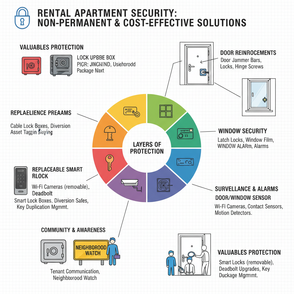 Enhancing apartment security specifically for renters, focusing on non-permanent and cost-effective solutions to deter intruders and protect valuables. Troubleshooting & Fixes visual diagram