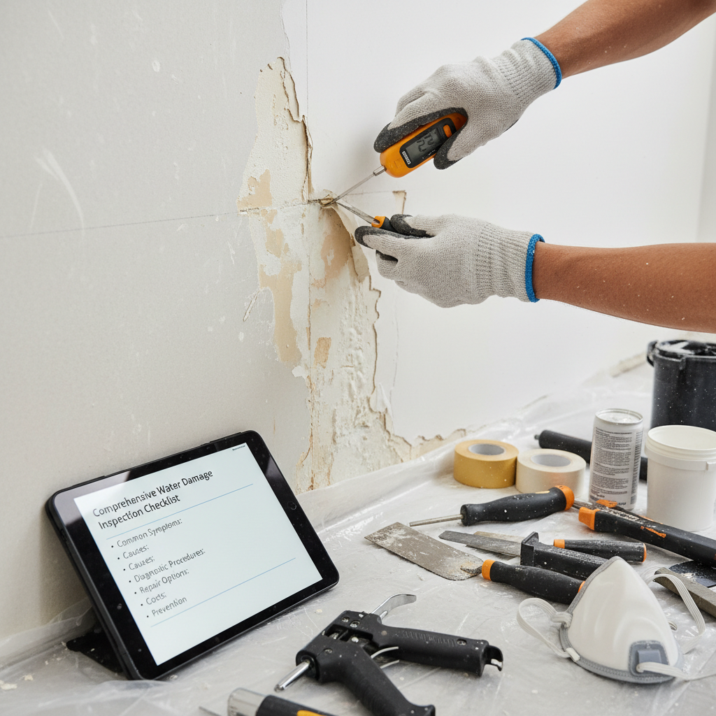 Comprehensive water damage inspection checklist: What professionals look for, including common symptoms, causes, diagnostic procedures, repair options, costs, and prevention. Troubleshooting & Fixes professional repair detail