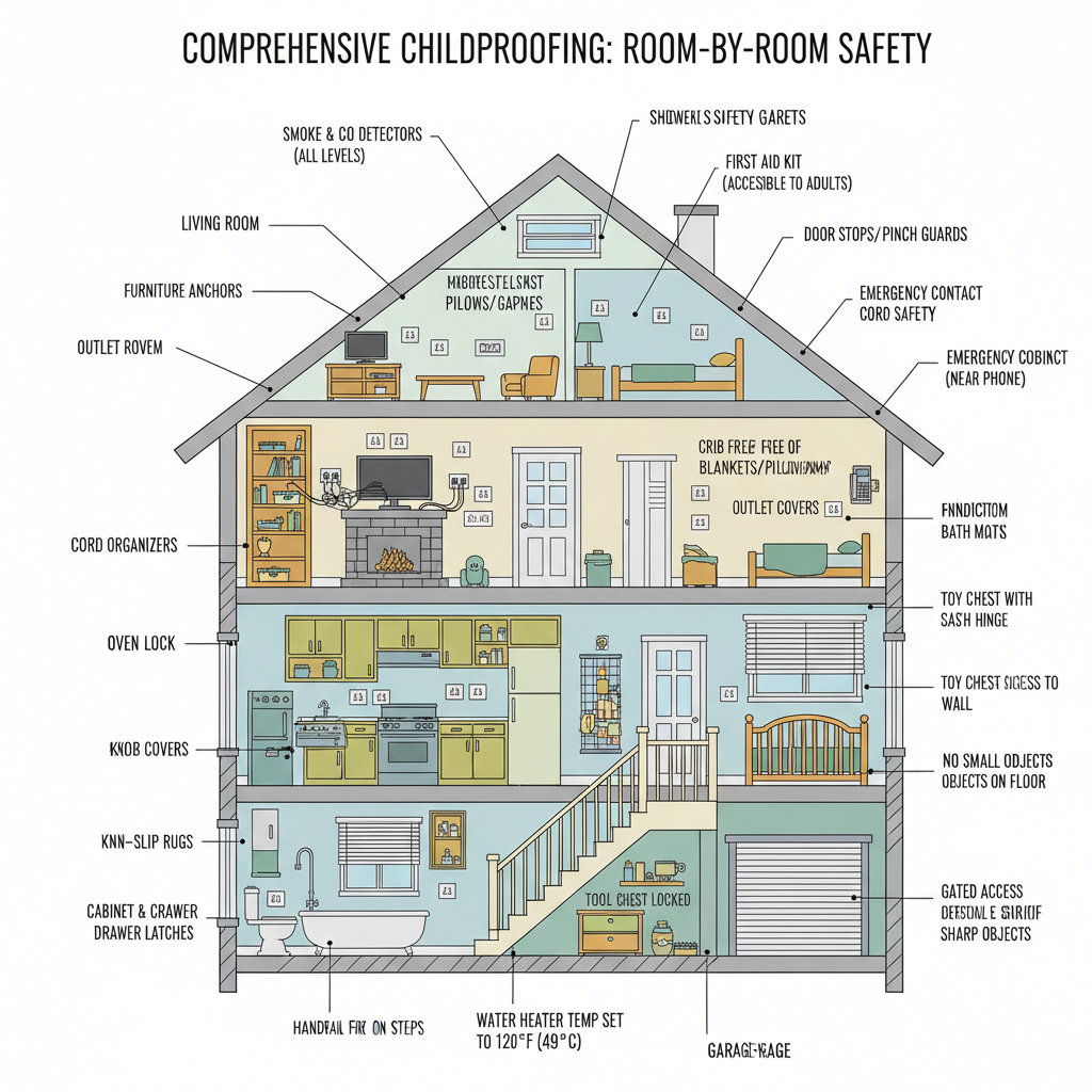 Comprehensive childproofing of a home to ensure safety for infants and young children, covering all potential hazards room-by-room. Troubleshooting & Fixes visual diagram