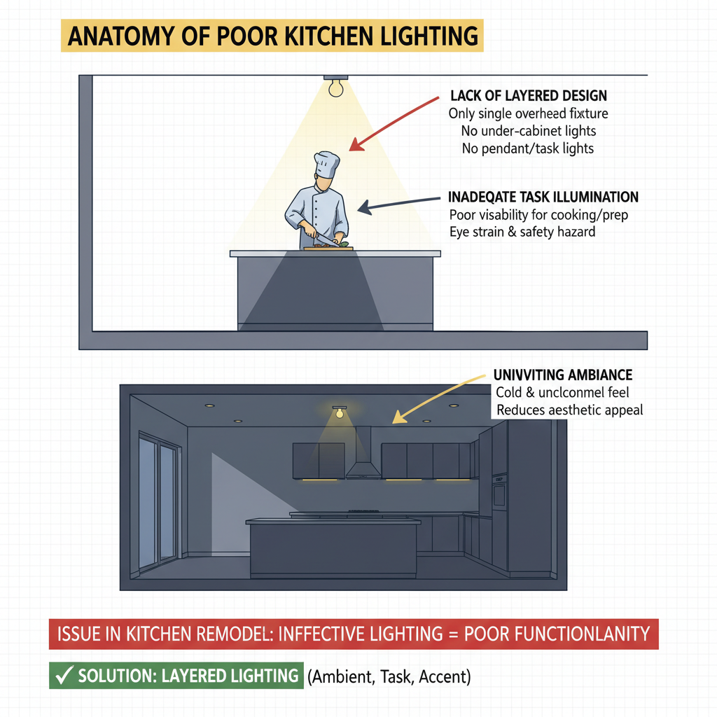 Ineffective kitchen lighting due to lack of layered design, leading to poor functionality, inadequate task illumination, and uninviting ambiance. Troubleshooting & Fixes visual diagram
