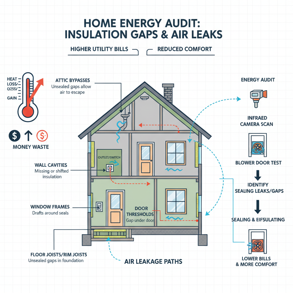 Identifying insulation gaps and air leaks through a home energy audit to improve energy efficiency, leading to higher utility bills and reduced comfort. Troubleshooting & Fixes visual diagram