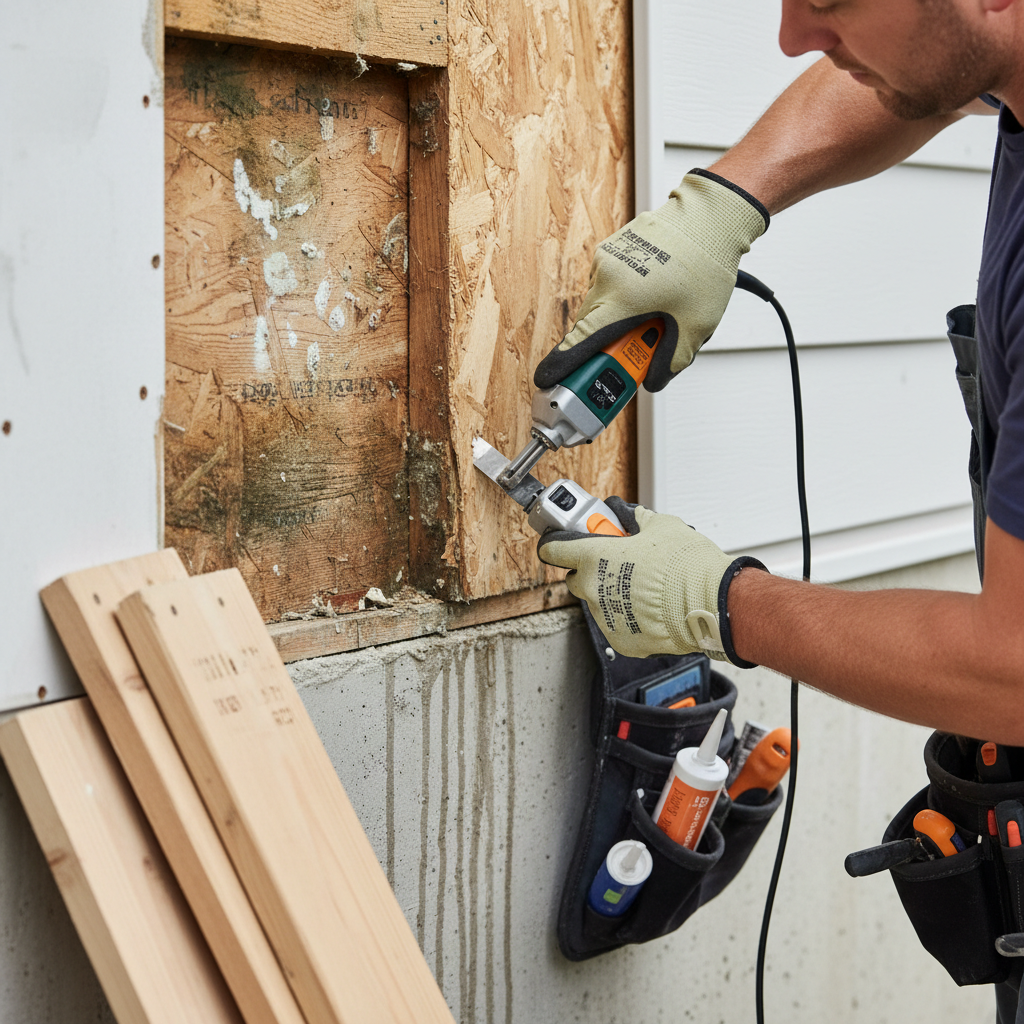 Detecting and repairing water damage behind exterior house siding (vinyl, fiber-cement) caused by leaks, poor drainage, or environmental factors, leading to potential structural damage and mold growth. Troubleshooting & Fixes professional repair detail