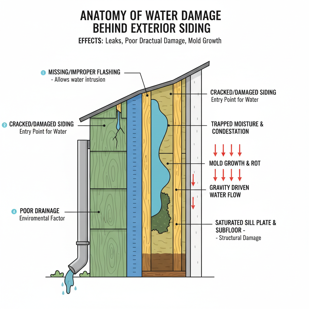 Detecting and repairing water damage behind exterior house siding (vinyl, fiber-cement) caused by leaks, poor drainage, or environmental factors, leading to potential structural damage and mold growth. Troubleshooting & Fixes visual diagram