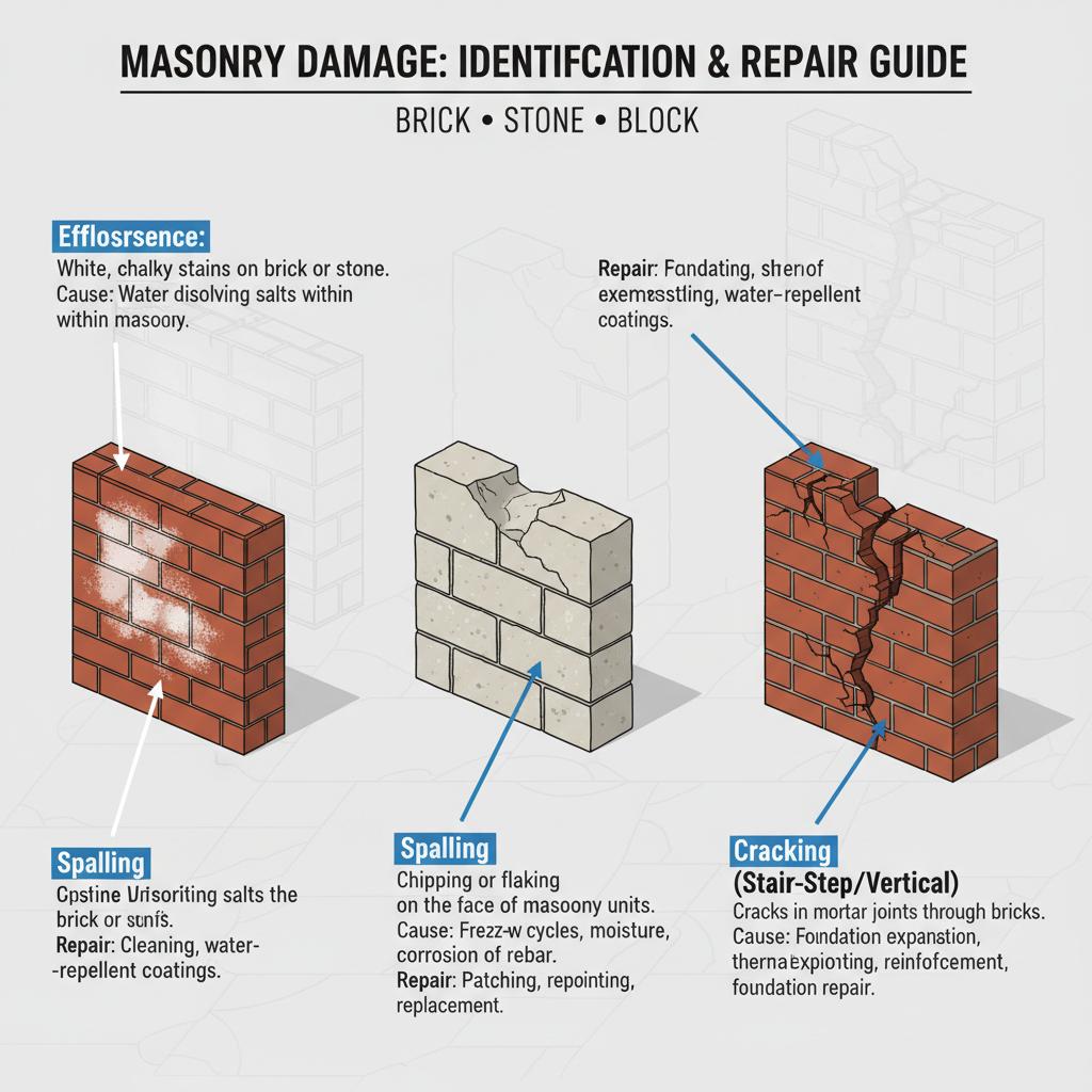 Common Masonry Damage: Identifying Symptoms, Causes, and Repair Strategies for Brick, Stone & Block (2024 Guide) visual diagram