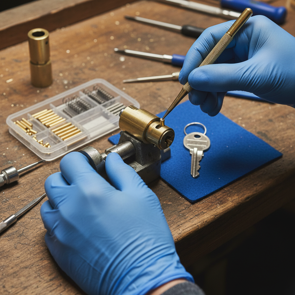 Rekeying a door lock to change the operating key without replacing the entire lock mechanism. This involves altering the lock's internal pins to match a new key, rendering old keys useless. Troubleshooting & Fixes professional repair detail