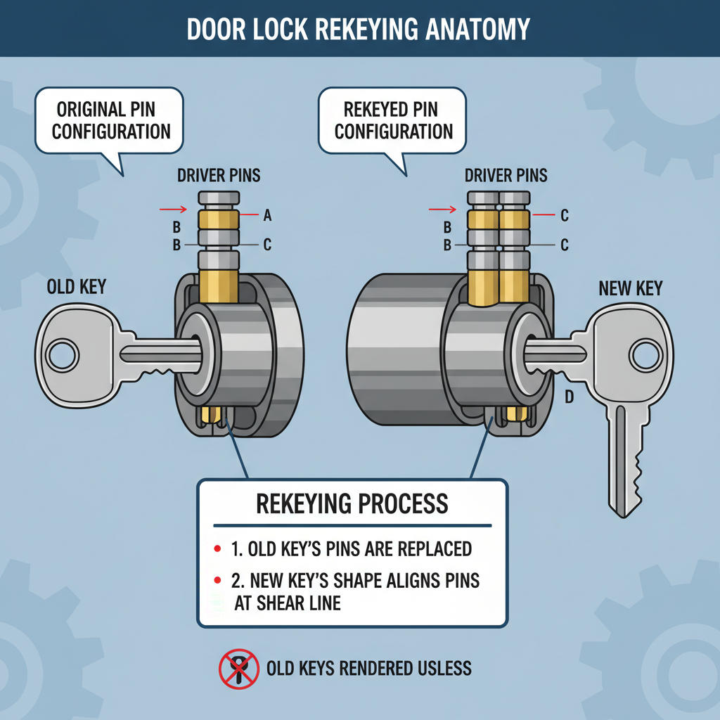 Rekeying a door lock to change the operating key without replacing the entire lock mechanism. This involves altering the lock's internal pins to match a new key, rendering old keys useless. Troubleshooting & Fixes visual diagram